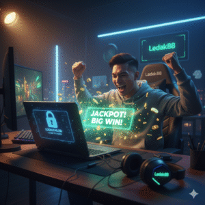 Seorang pria muda Asia bersemangat merayakan 'Jackpot! Big Win!' di laptopnya, dengan logo Ledak88 terlihat. Di latar belakang, layar lain menampilkan pesan 'Login Failed', menunjukkan keberhasilan setelah kendala, dikelilingi efek cahaya neon dan koin emas berjatuhan. Gambar ini merepresentasikan kegembiraan kemenangan dan promosi bonus.